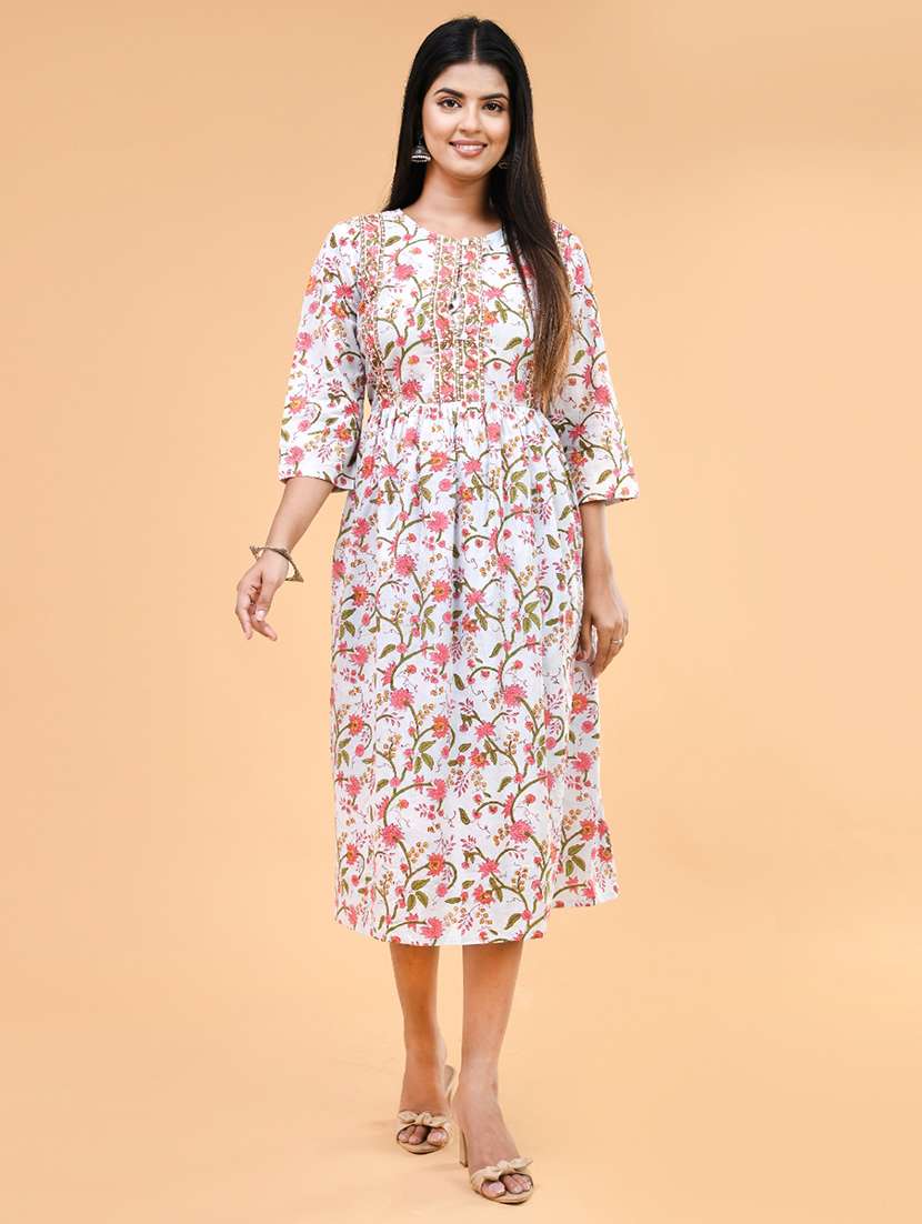 women floral three quarter sleeve a-line ethnic dress