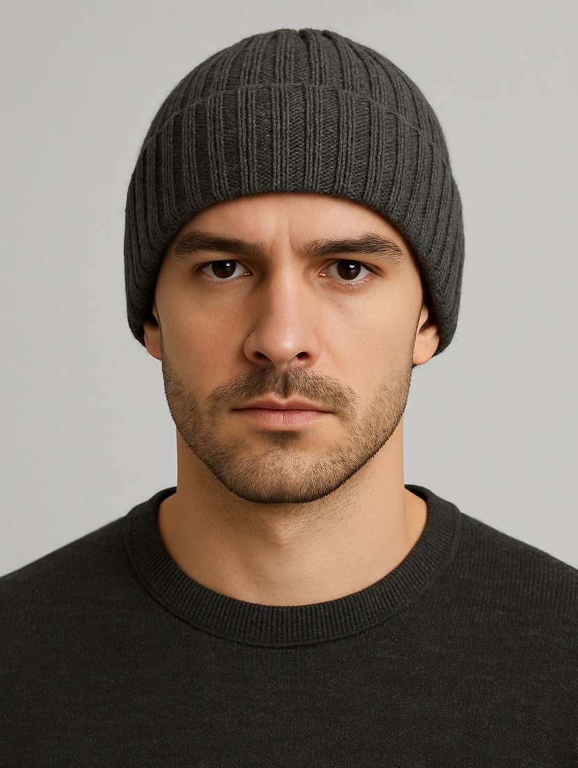 men solid ribbed knit winter beanie cap