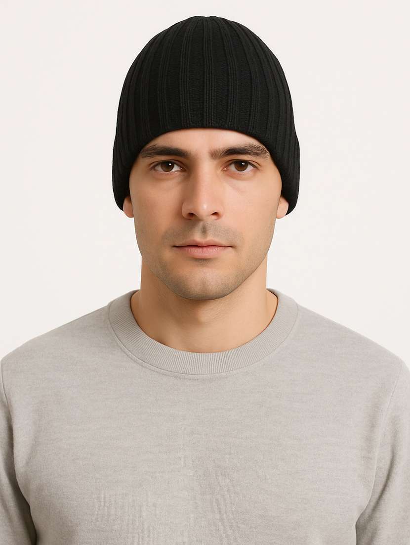 men solid ribbed knit winter beanie cap