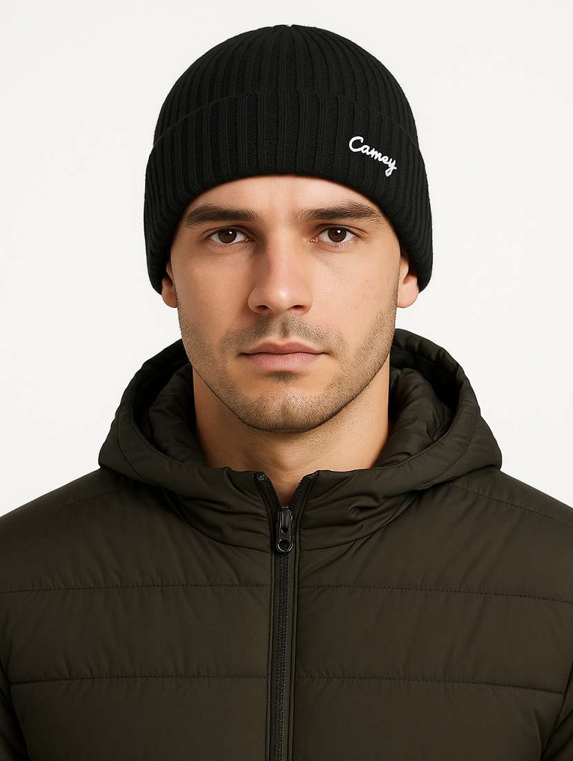 men solid ribbed knit winter beanie cap