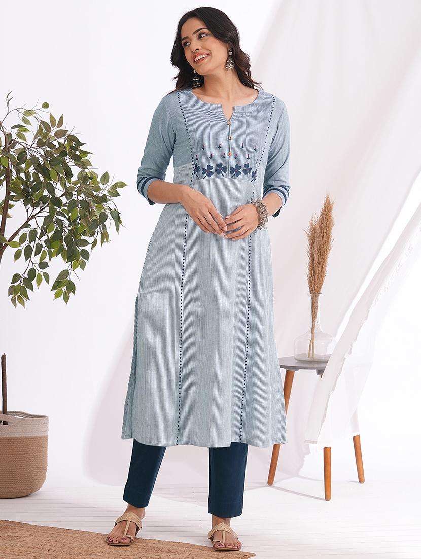 women striped three quarter sleeve a-line kurta