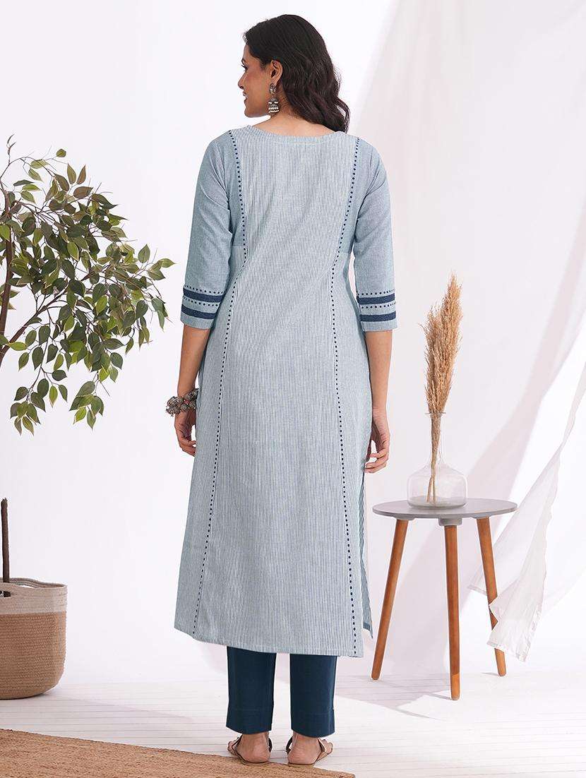 women striped three quarter sleeve a-line kurta - 22240408 -  Standard Image - 3