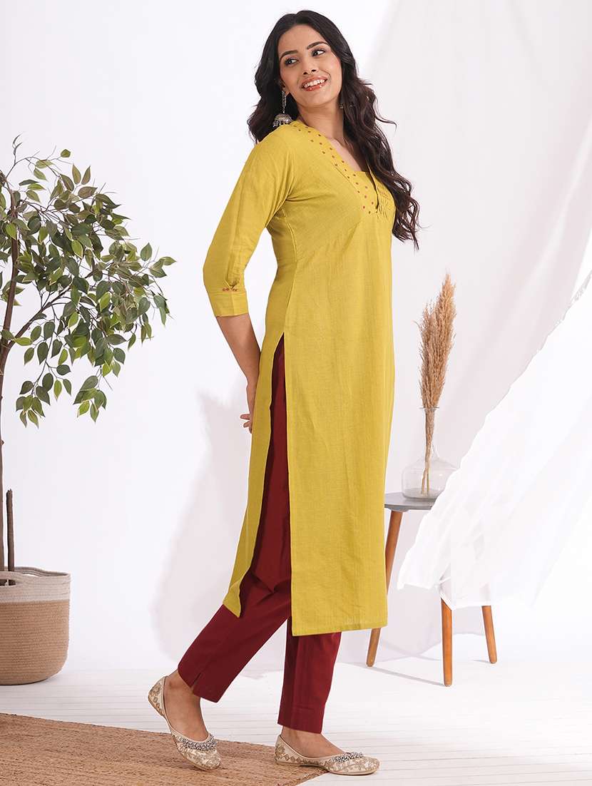women solid with work three quarter sleeve a-line kurta - 22240410 -  Standard Image - 3
