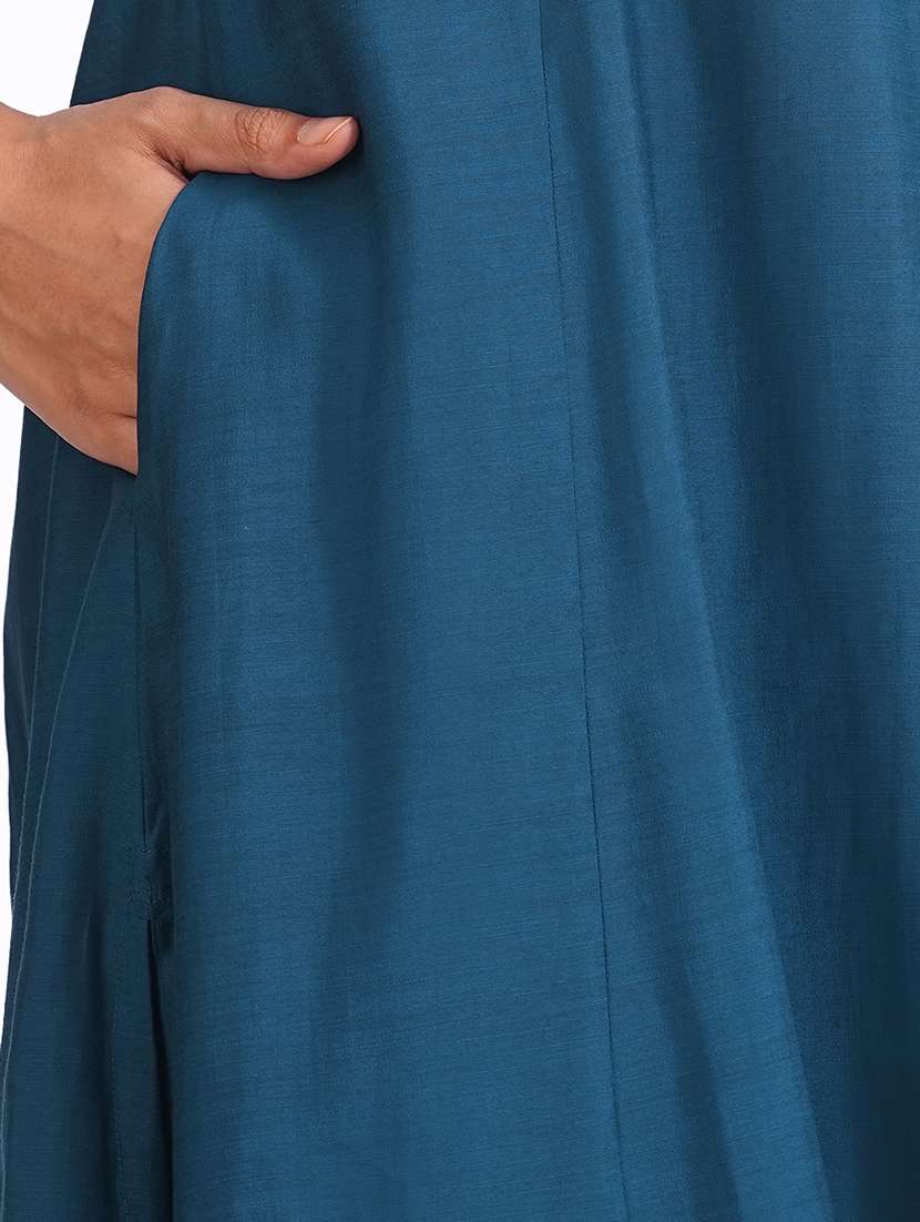 women solid with work three quarter sleeve a-line kurta - 22240411 -  Standard Image - 5