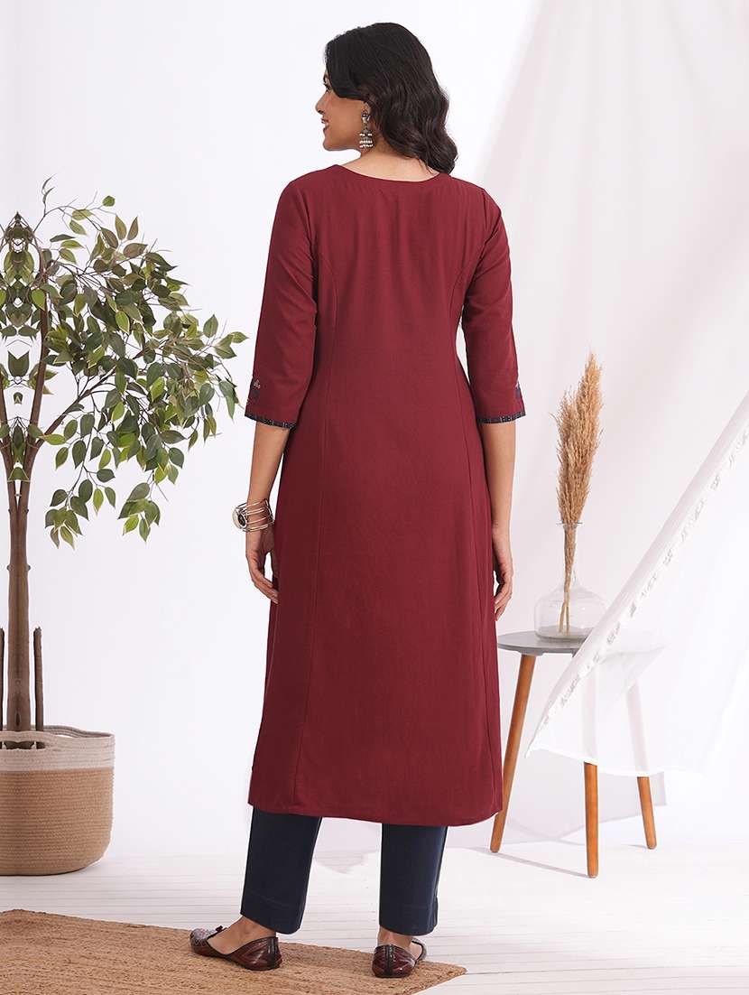 women solid with work three quarter sleeve straight kurta - 22240418 -  Standard Image - 3