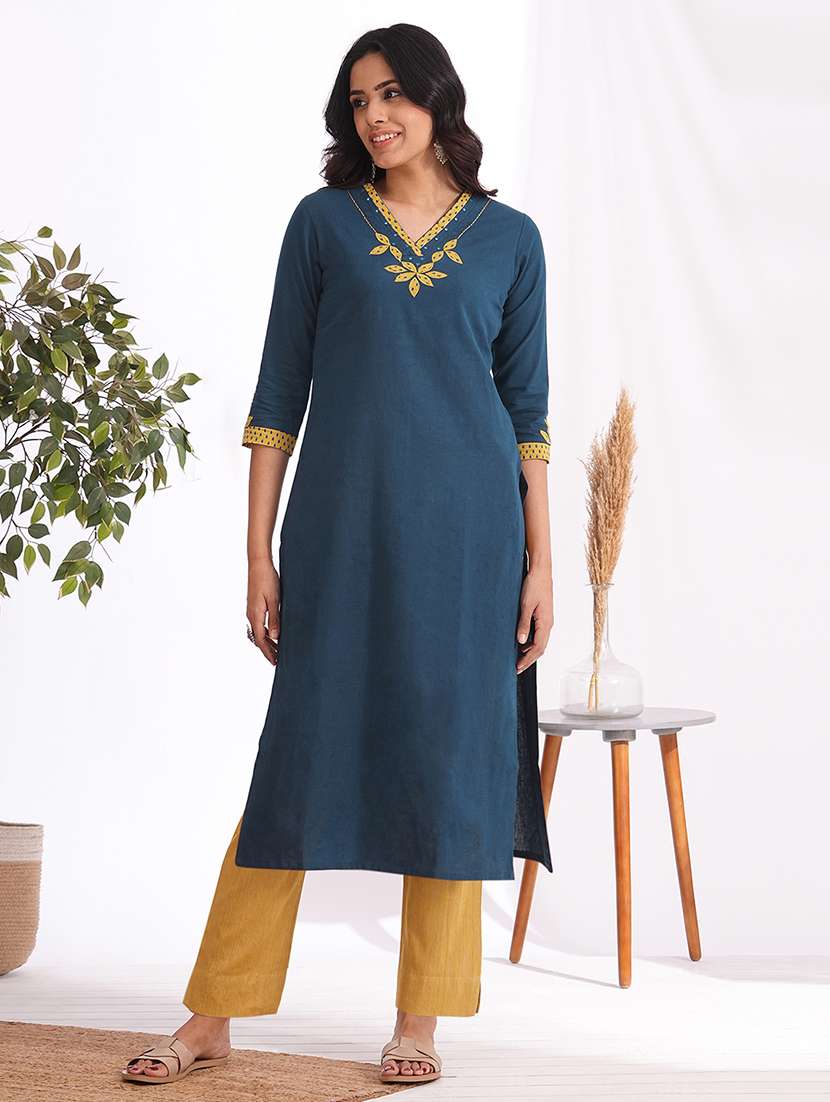 women solid with work three quarter sleeve straight kurta
