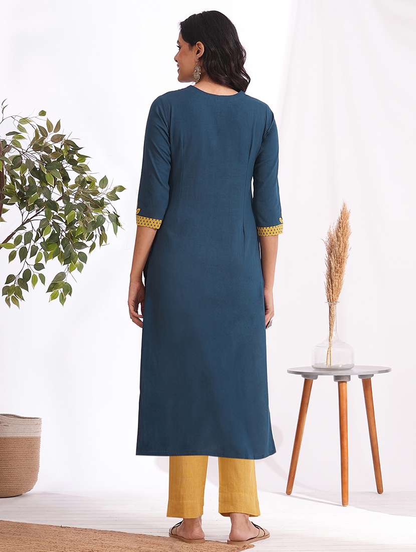 women solid with work three quarter sleeve straight kurta - 22240420 -  Standard Image - 3