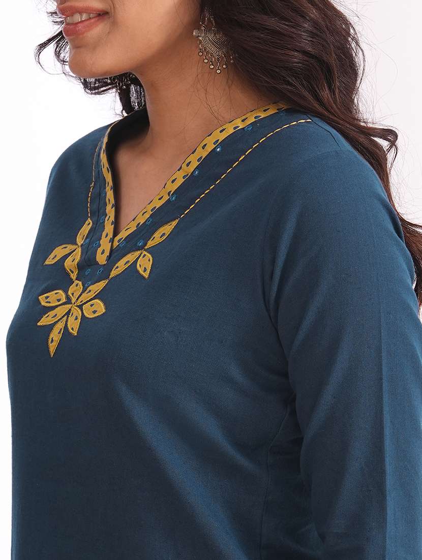 women solid with work three quarter sleeve straight kurta - 22240420 -  Standard Image - 5