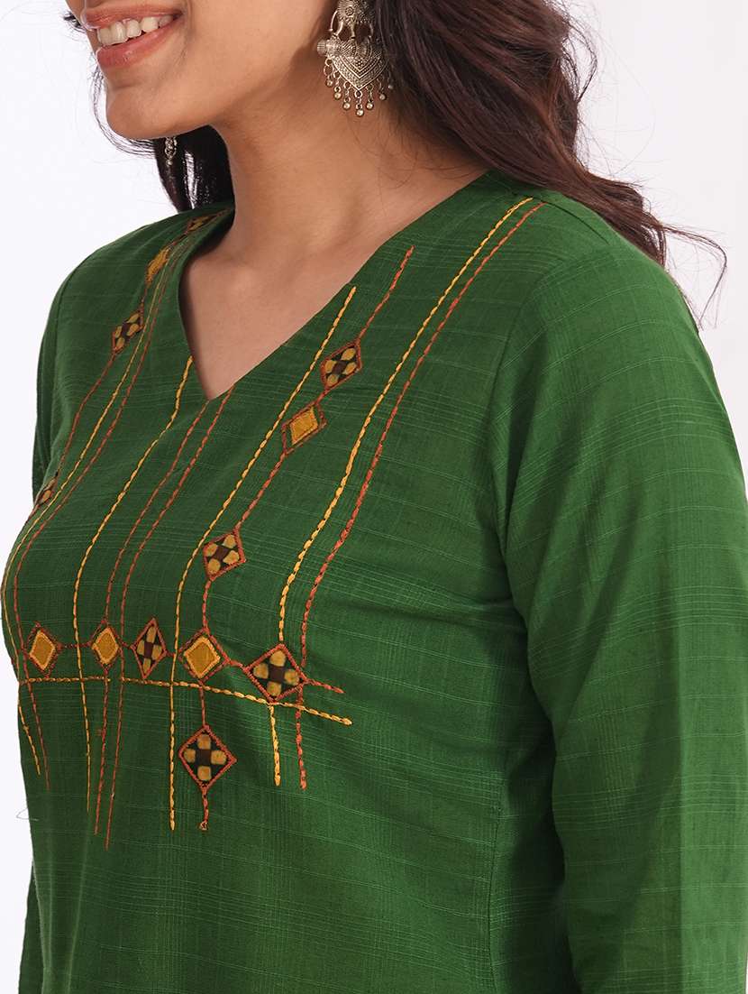 women solid with work three quarter sleeve straight kurta - 22240423 -  Standard Image - 5