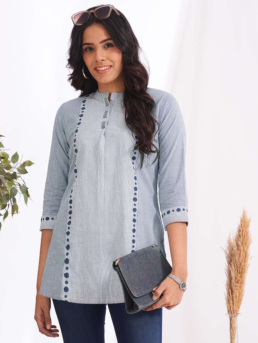 women striped three quarter sleeve straight kurti