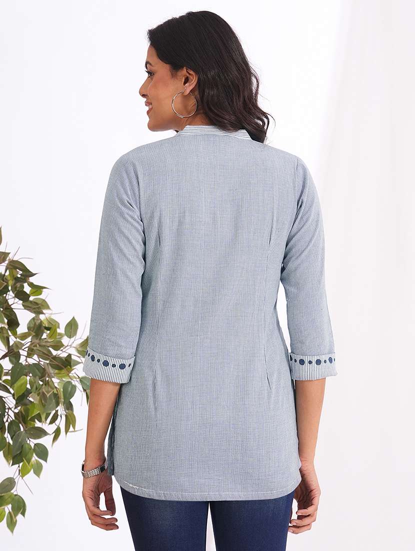 women striped three quarter sleeve straight kurti - 22240429 -  Standard Image - 3