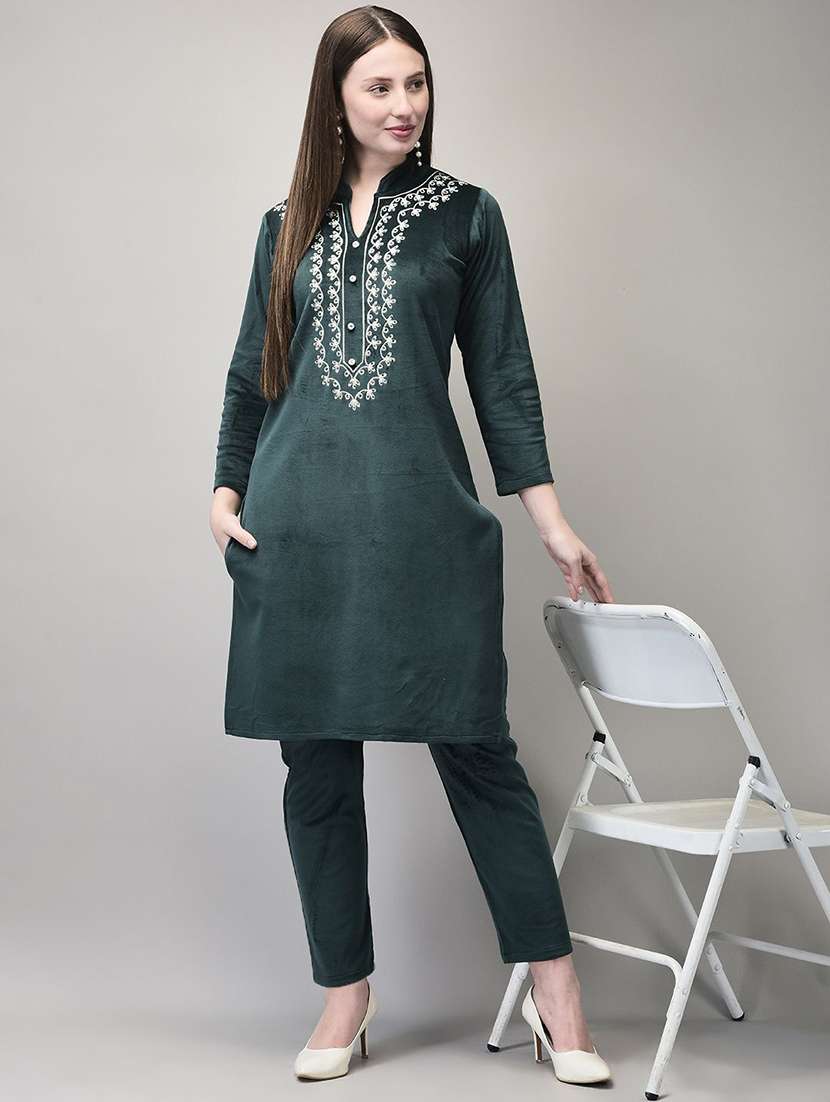 women solid with work embroidered long sleeve kurta pant set