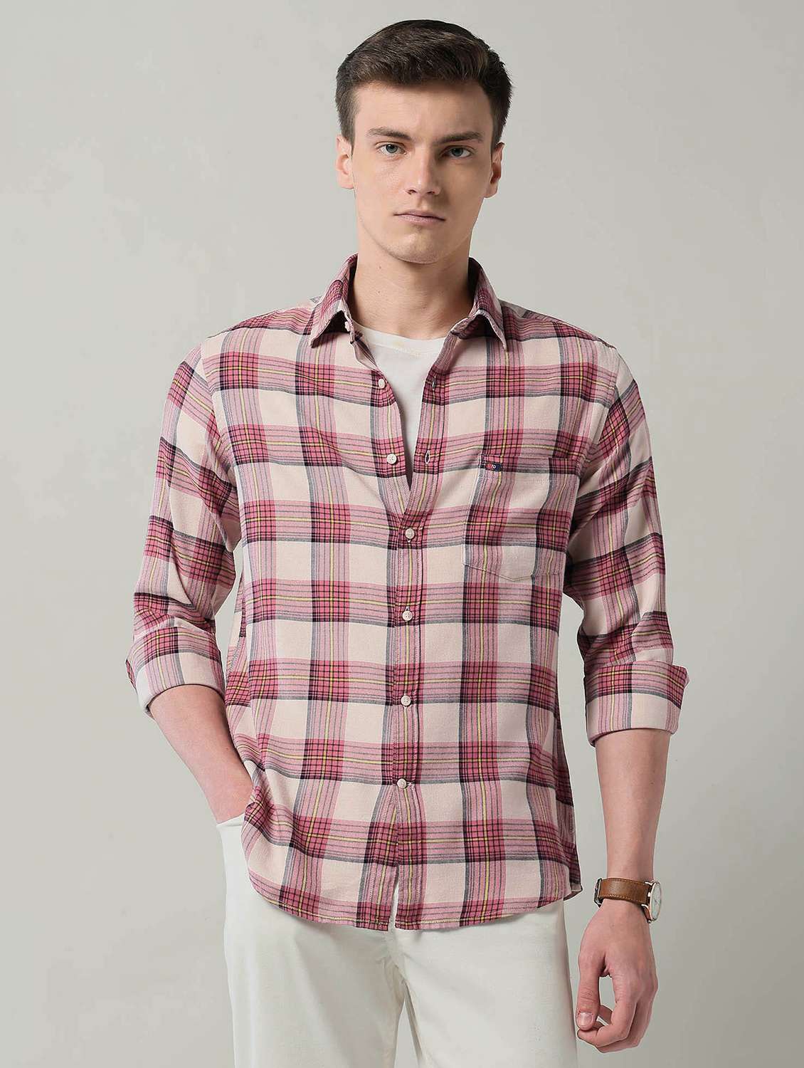 men checkered long sleeve slim fit casual shirt