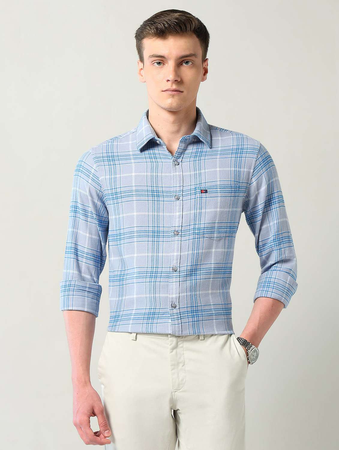 men checkered long sleeve slim fit casual shirt