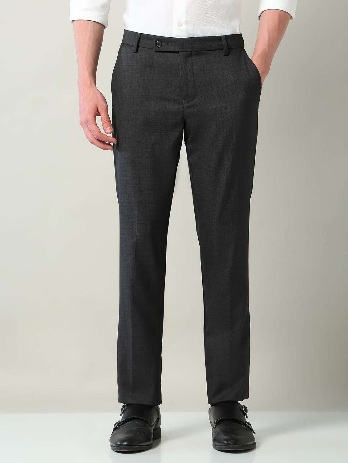 men solid mid rise flat front formal trouser