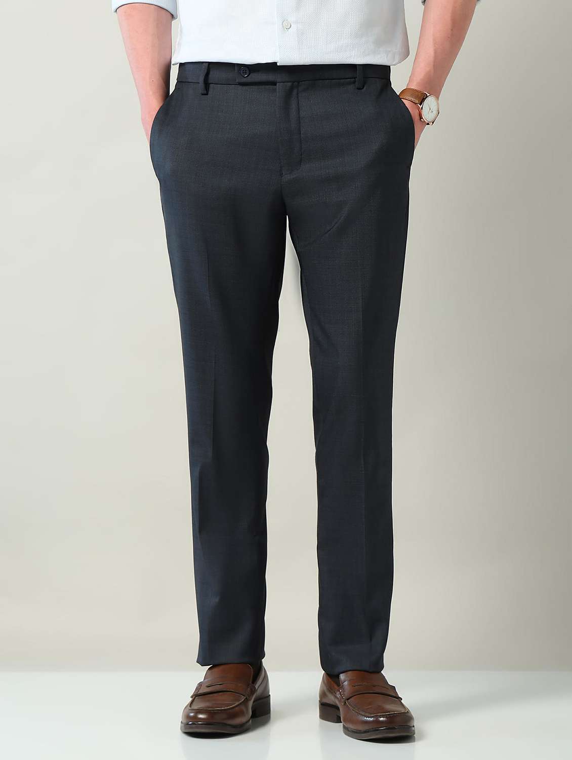 men solid mid rise flat front formal trouser