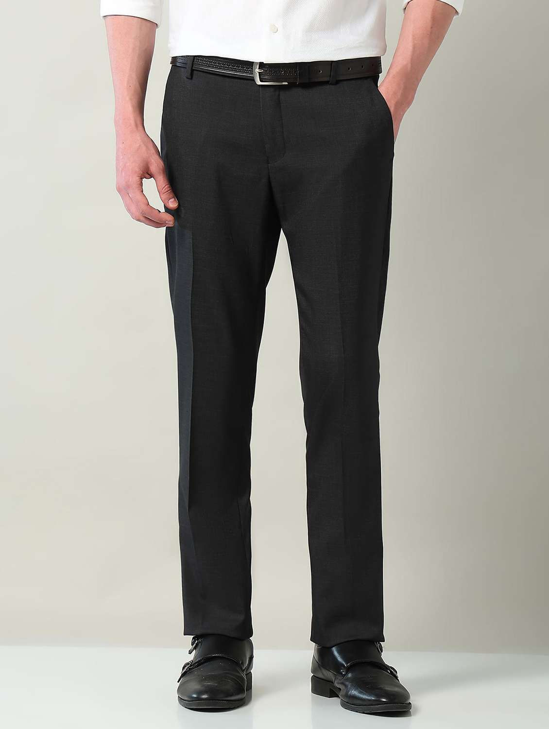 men solid mid rise flat front formal trouser