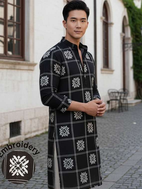 men solid with work mandarin neck long kurta
