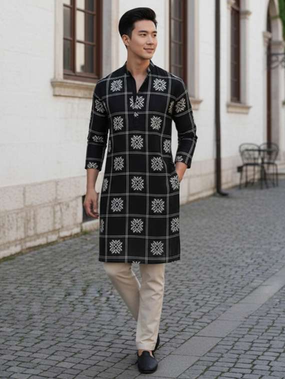 men solid with work mandarin neck long kurta - 22240660 -  Standard Image - 3