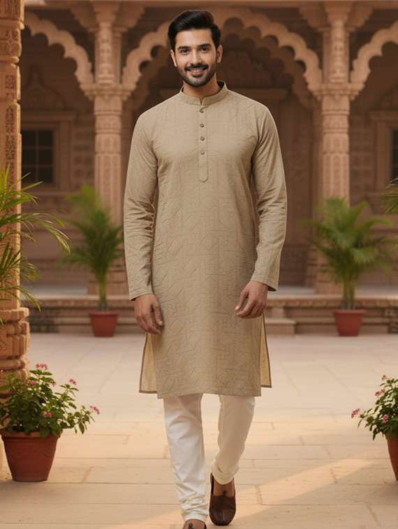 men solid with work mandarin neck long kurta