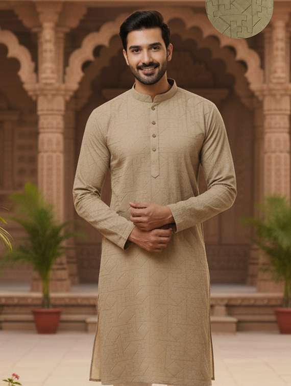 men solid with work mandarin neck long kurta - 22240662 -  Standard Image - 3