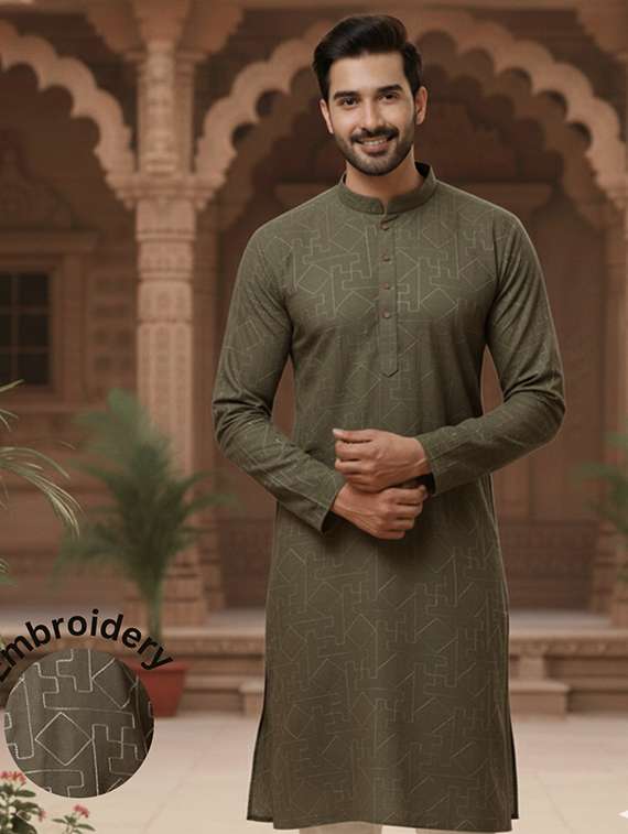 men solid with work mandarin neck long kurta