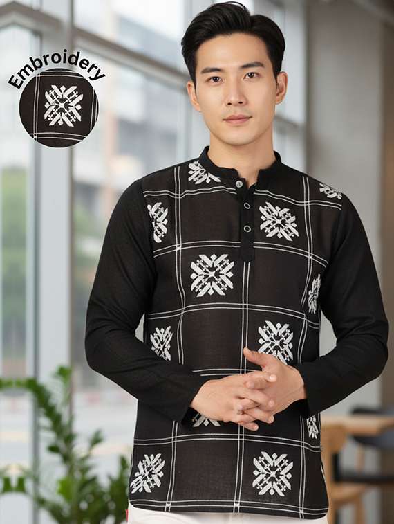 men solid with work mandarin neck short kurta