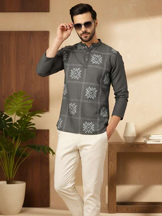 men solid with work mandarin neck short kurta - 22240665 -  Standard Image - 3