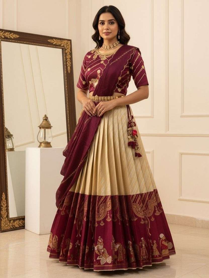 women self design south indian style unstitched lehenga choli