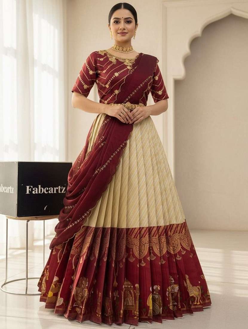 women self design south indian style unstitched lehenga choli