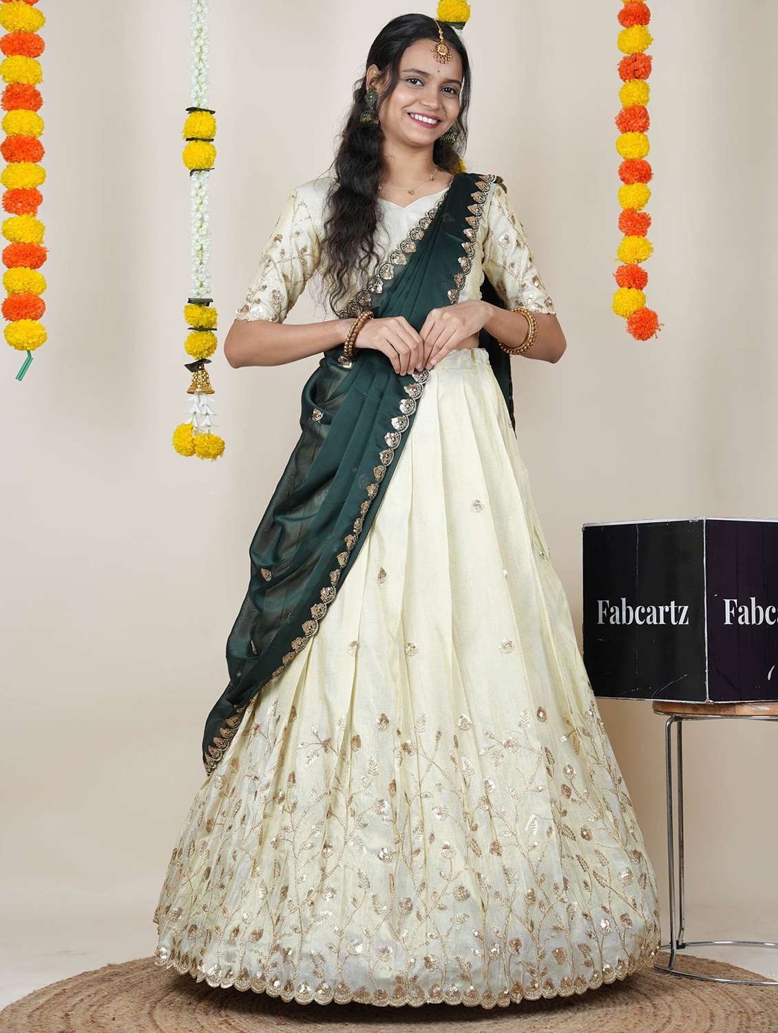 women solid with work unstitched lehenga choli