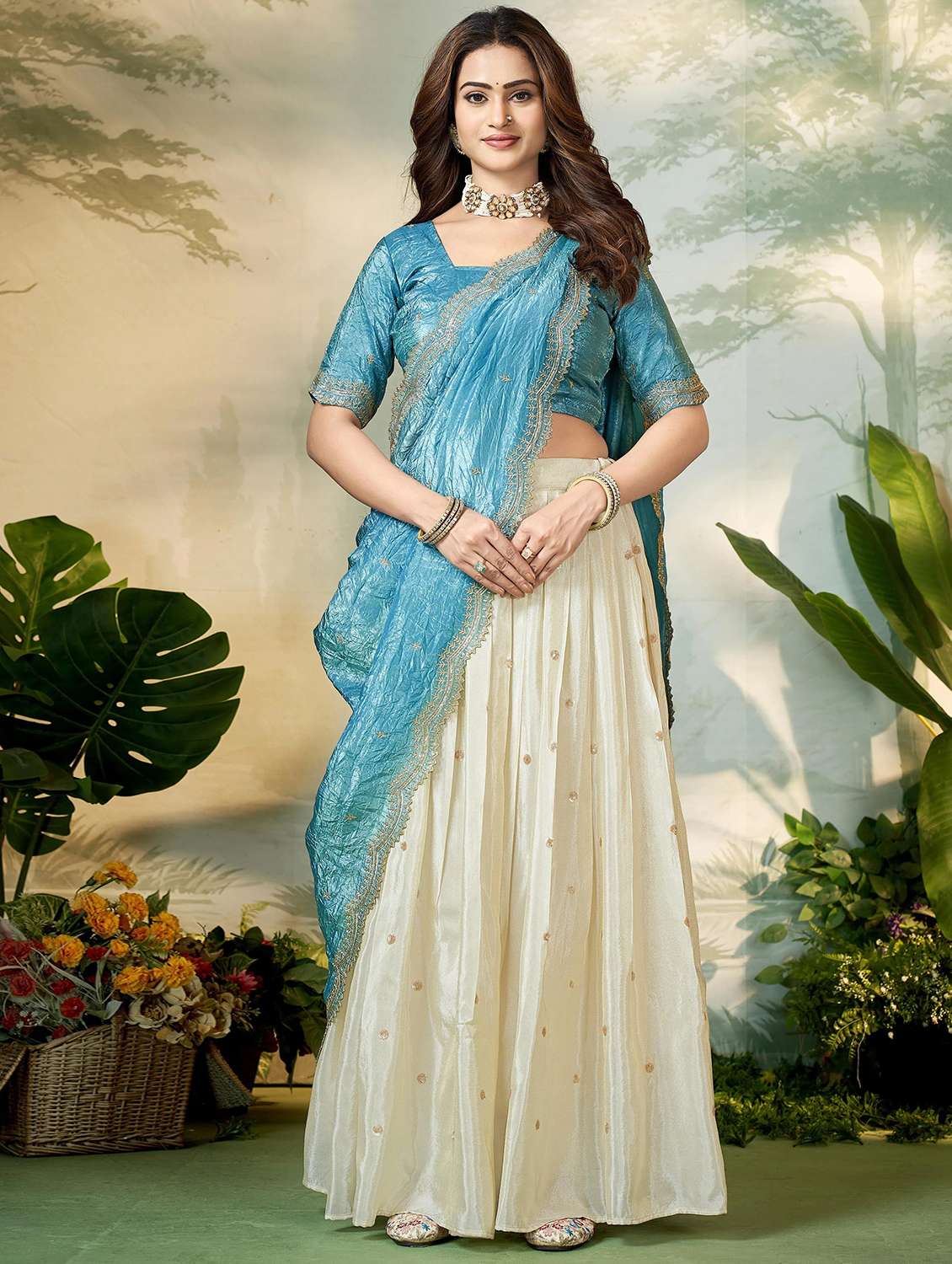 women solid with work unstitched lehenga choli