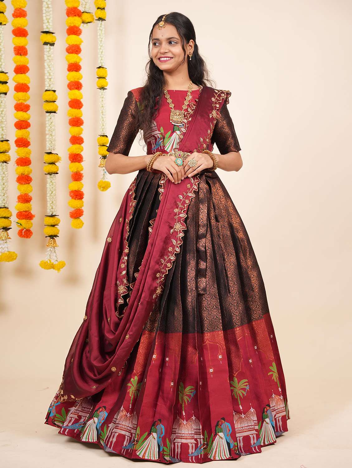 women self design south indian style unstitched lehenga choli