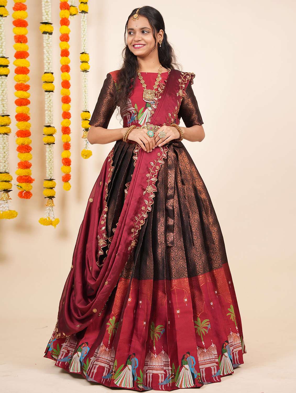 women self design south indian style unstitched lehenga choli