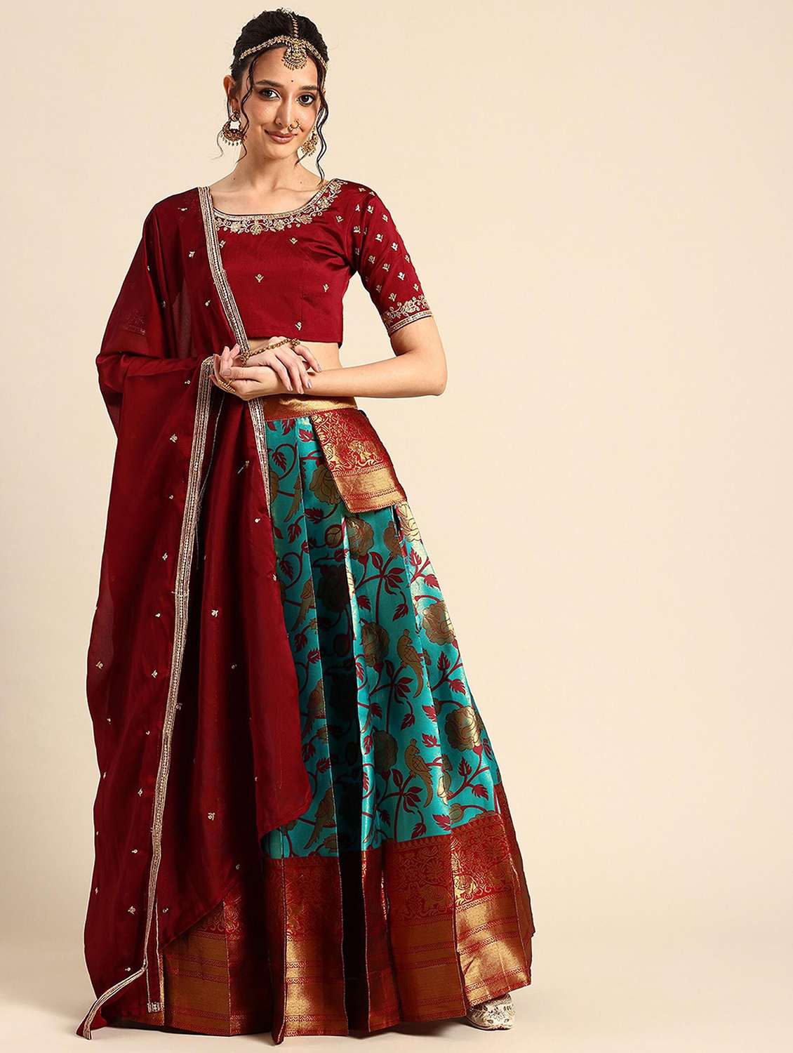 women self design south indian style stitched lehenga choli