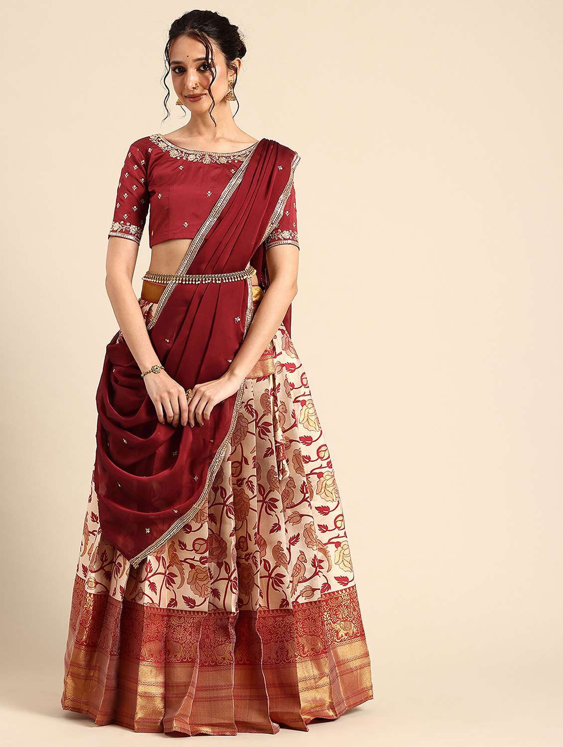 women self design south indian style stitched lehenga choli