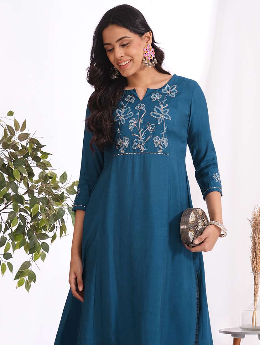 women solid with work three quarter sleeve kurta pant set - 22240947 -  Standard Image - 5