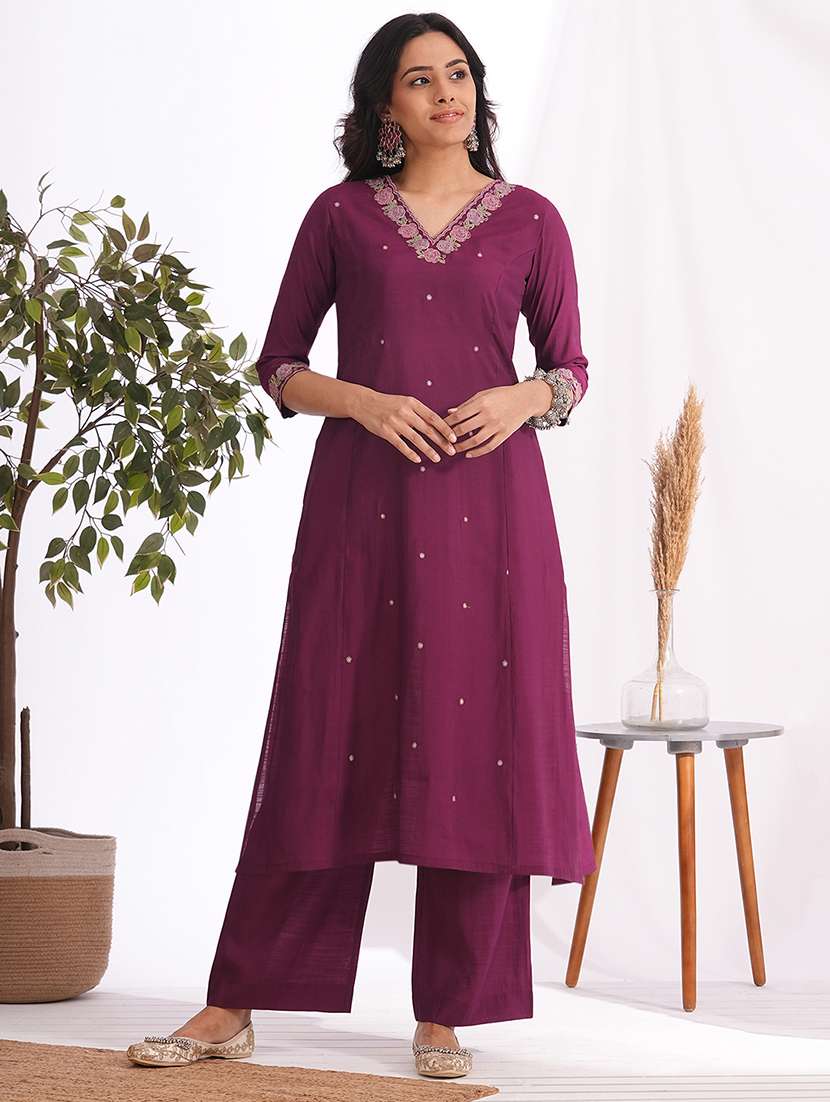 women solid with work three quarter sleeve kurta pant set - 22240948 -  Standard Image - 3