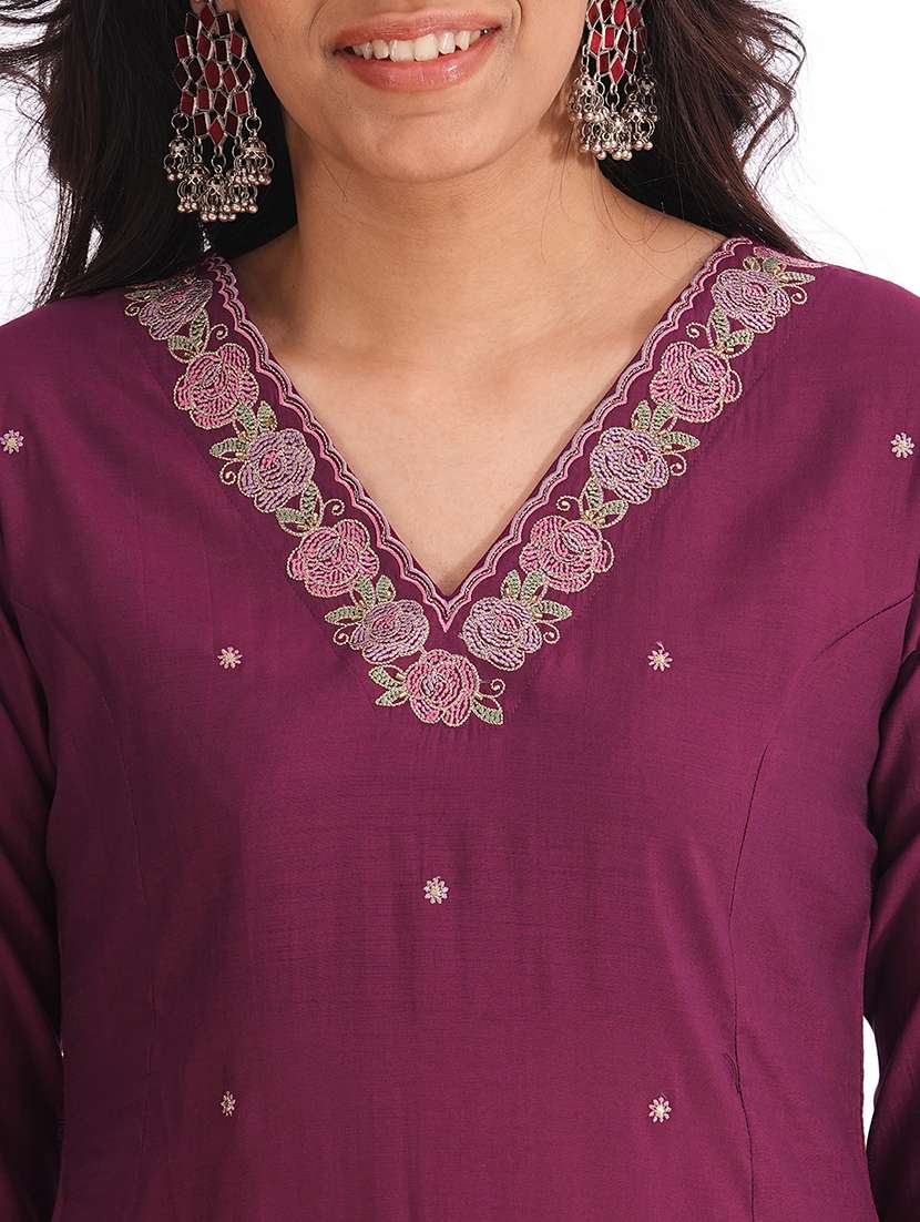 women solid with work three quarter sleeve kurta pant set - 22240948 -  Standard Image - 5