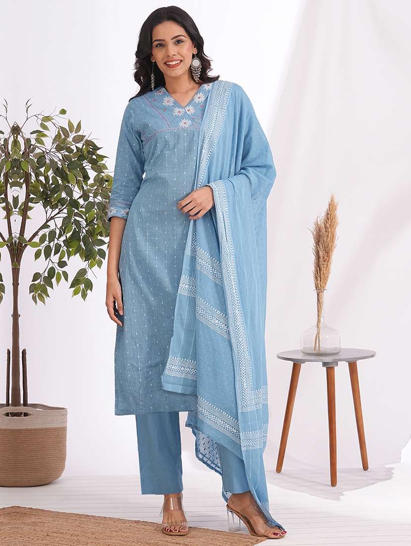 women self design three quarter sleeve kurta pant with dupatta set