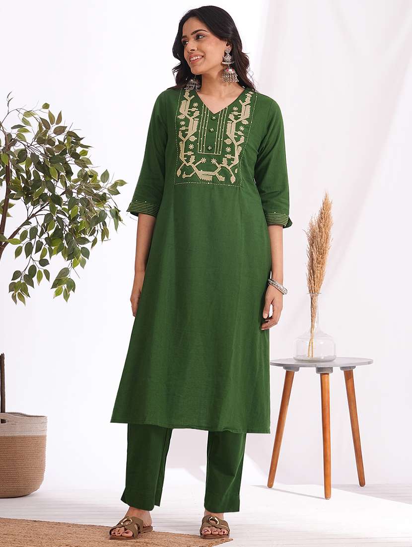 women solid with work three quarter sleeve kurta pant with dupatta set - 22240958 -  Standard Image - 5