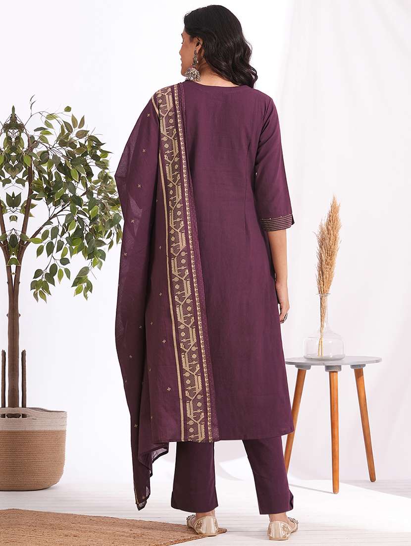 women solid with work three quarter sleeve kurta pant with dupatta set - 22240959 -  Standard Image - 3