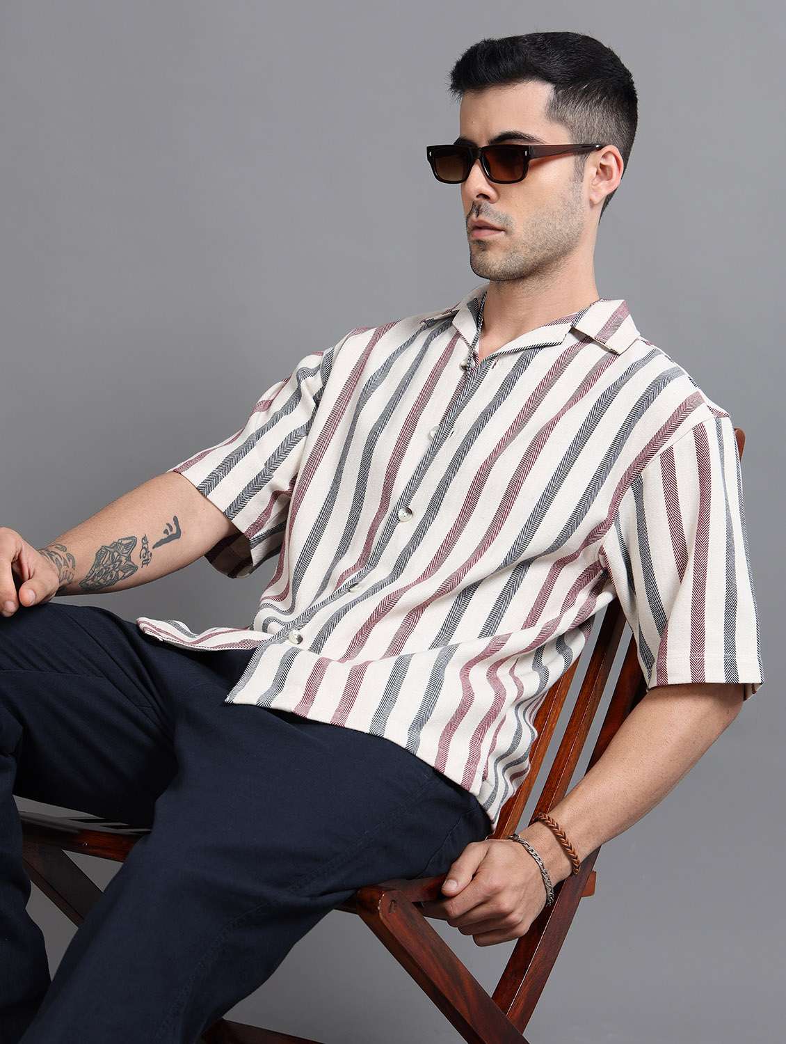 men striped short sleeve loose fit casual shirt - 22240963 -  Zoom Image - 0