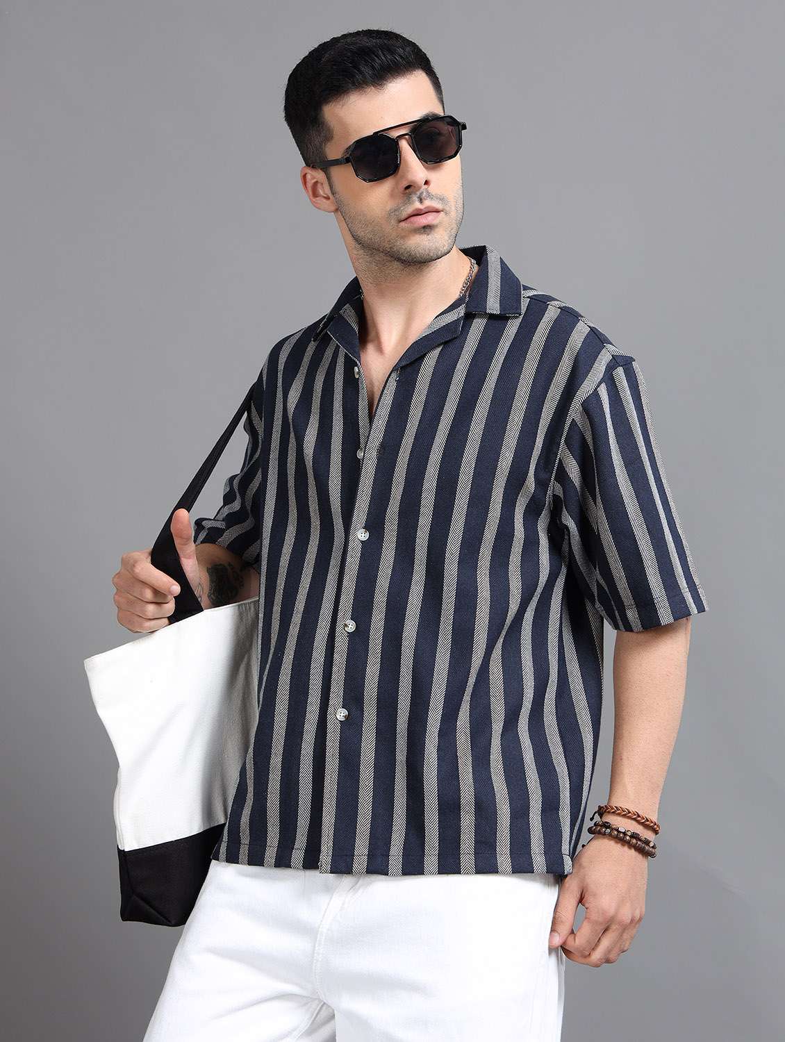 men striped short sleeve loose fit casual shirt