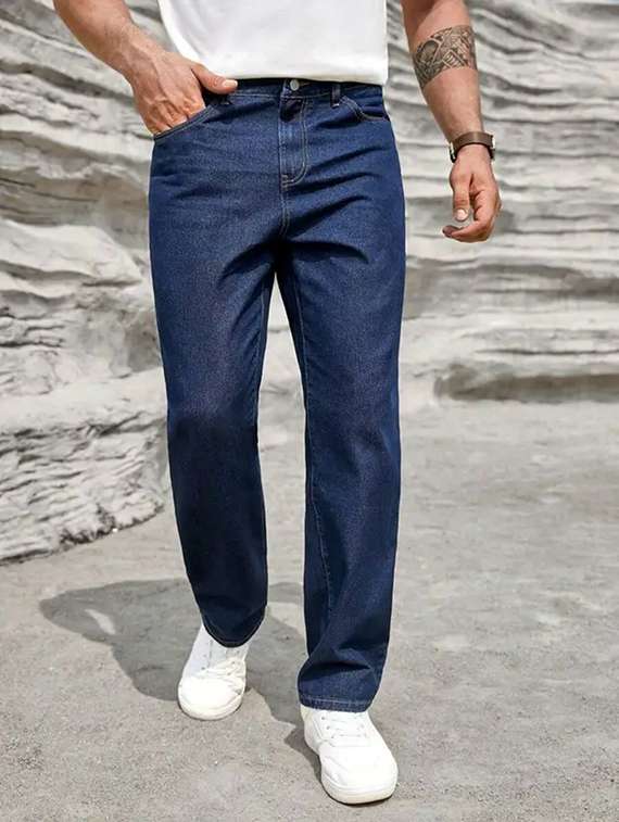 men plain mid rise straight fit jeans