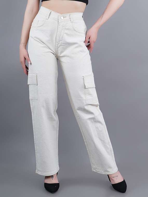 women solid high rise denim cargo