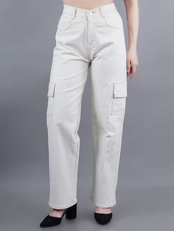 women solid high rise denim cargo