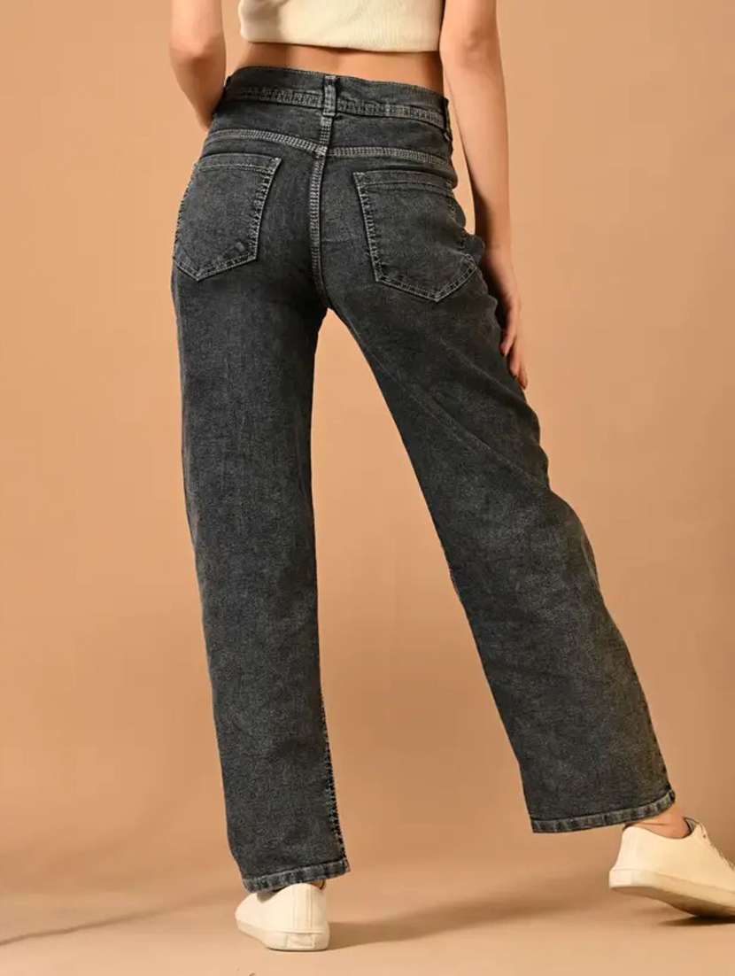 women solid high rise straight fit jeandenim jean - 22241479 -  Standard Image - 3
