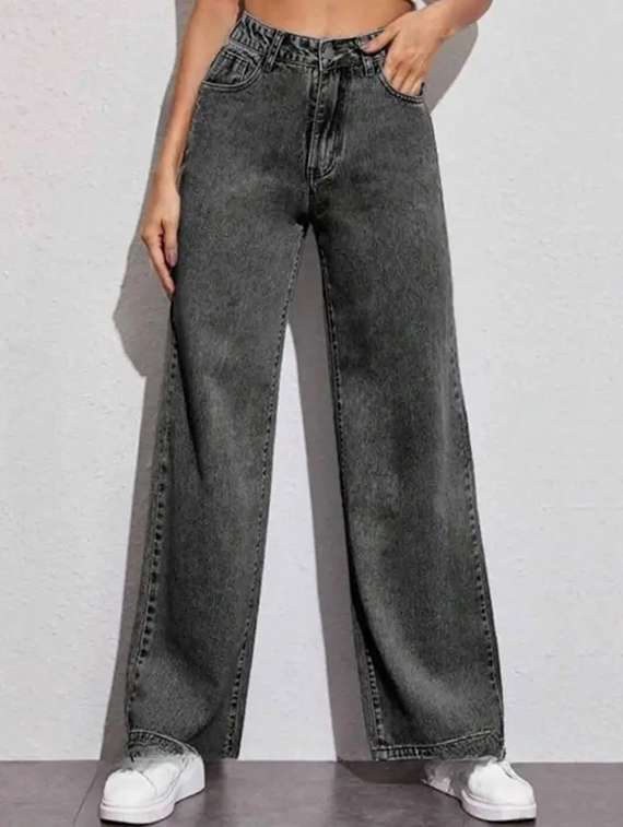 women solid high rise straight fit jean