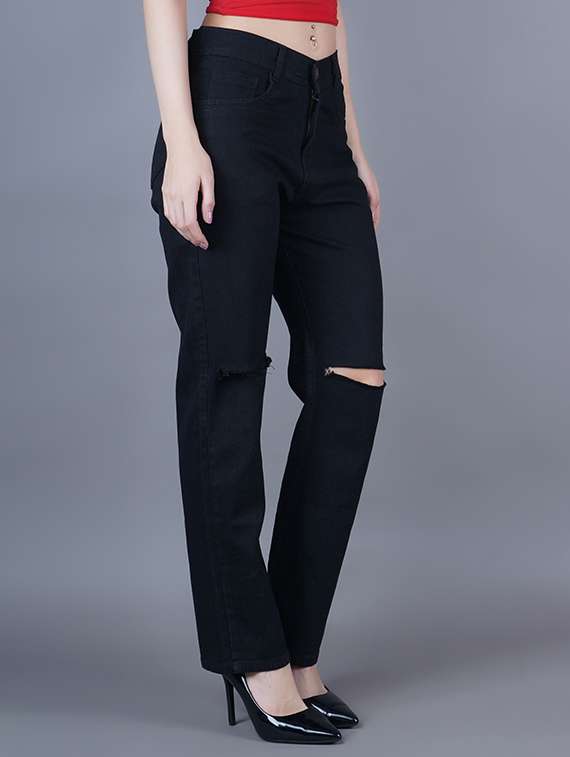 women solid slash knee straight fit jeans - 22241489 -  Zoom Image - 0
